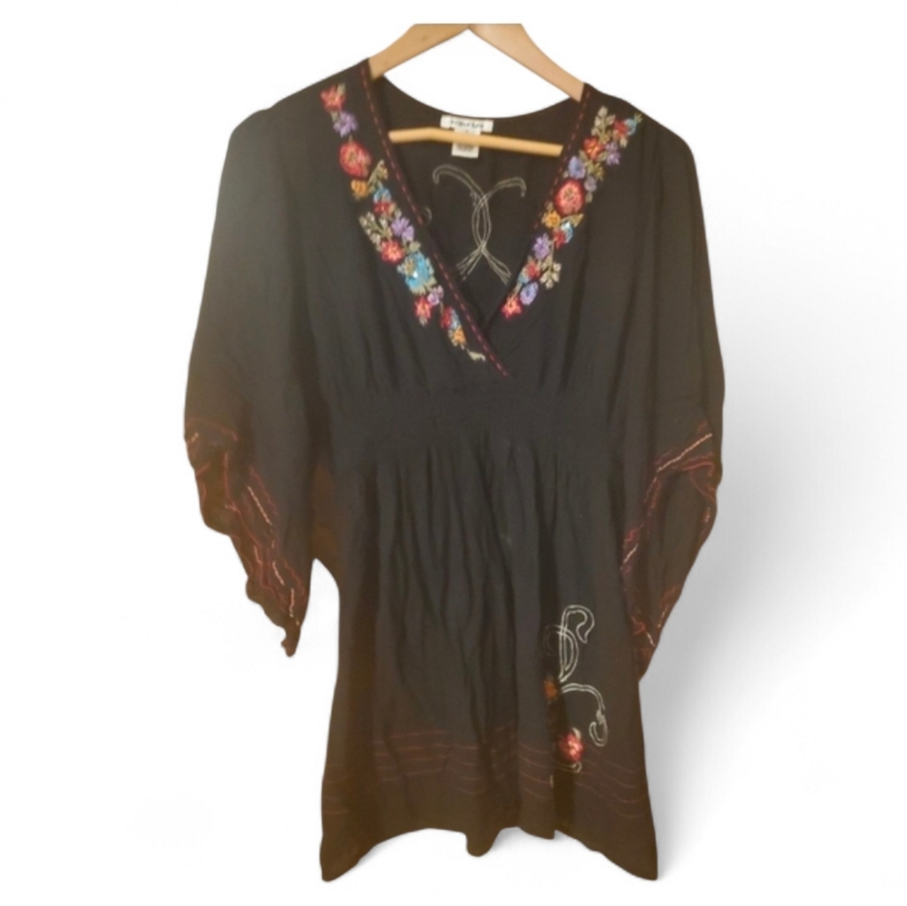 KRISTA LEE Black Embroidered Off Shoulder V- Neck Peplum Tunic - Small